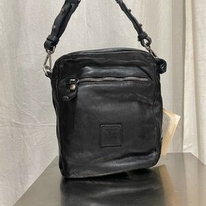 Black leather Campomaggi Bag with army green woven strap
